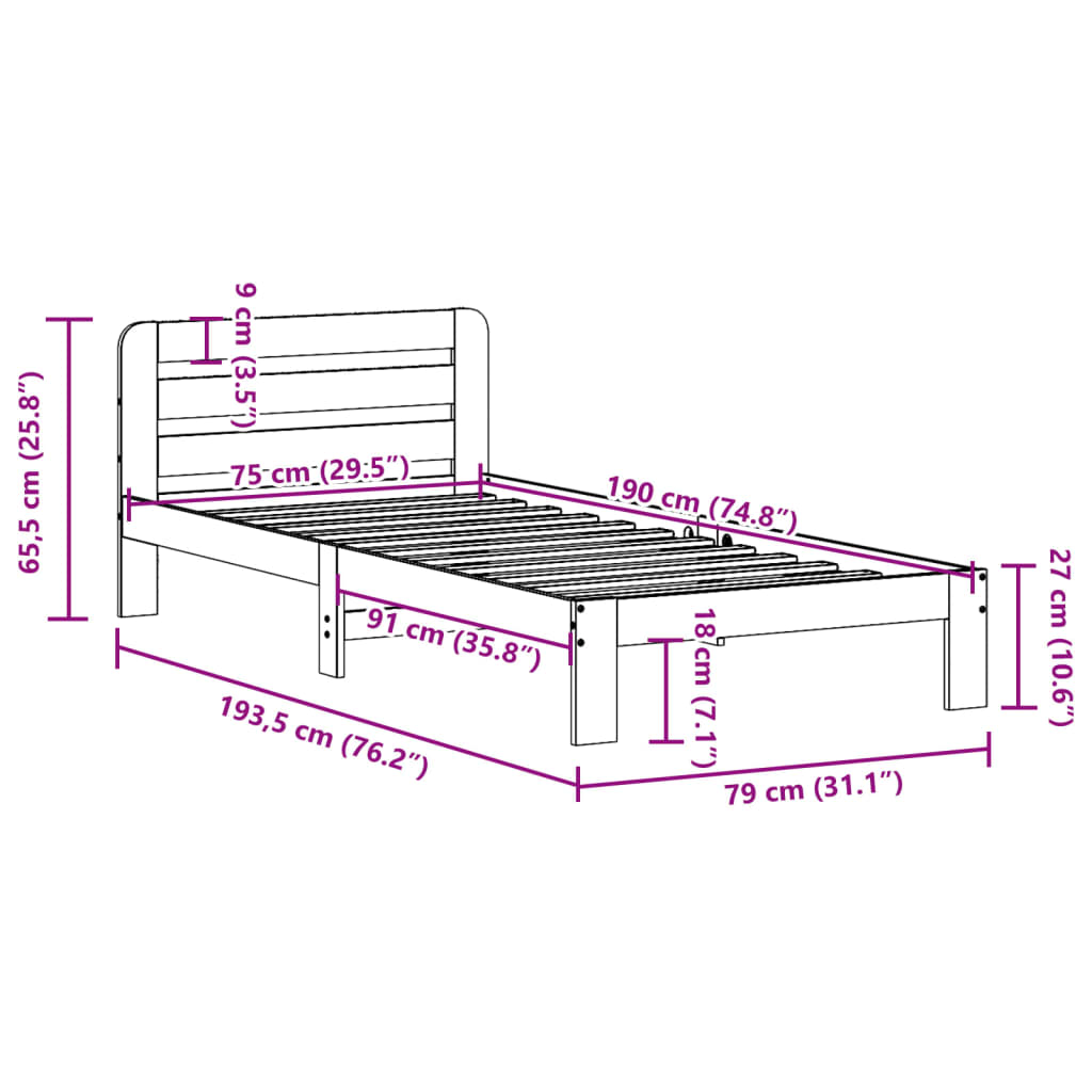 Cadre de lit sans matelas cire marron 75x190 cm bois pin massif Lits & cadres de lit vidaXL   