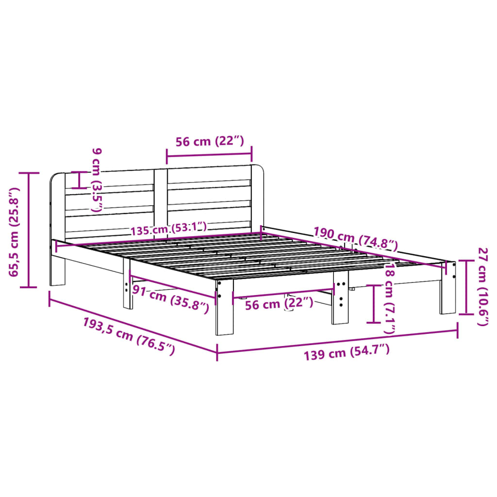 Cadre de lit sans matelas 135x190 cm bois de pin massif Lits & cadres de lit vidaXL   