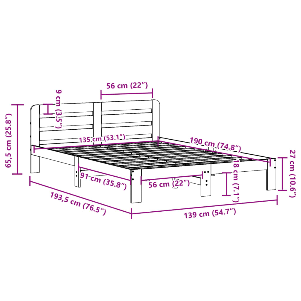 Cadre de lit sans matelas cire marron 135x190cm bois pin massif Lits & cadres de lit vidaXL   