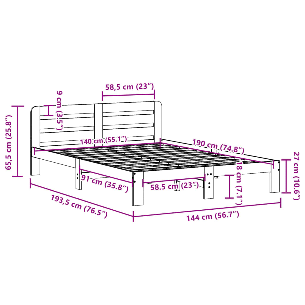 Cadre de lit sans matelas cire marron 140x190cm bois pin massif Lits & cadres de lit vidaXL   