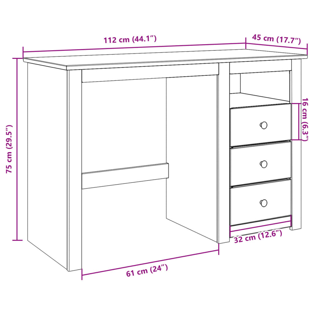 Bureau Panama 112x45x75 cm bois massif de pin Bureaux vidaXL   