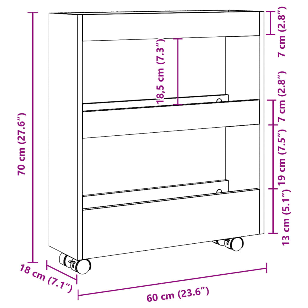 Chariot de rangement étroit 3 niveaux gris béton - Xios Store SNC