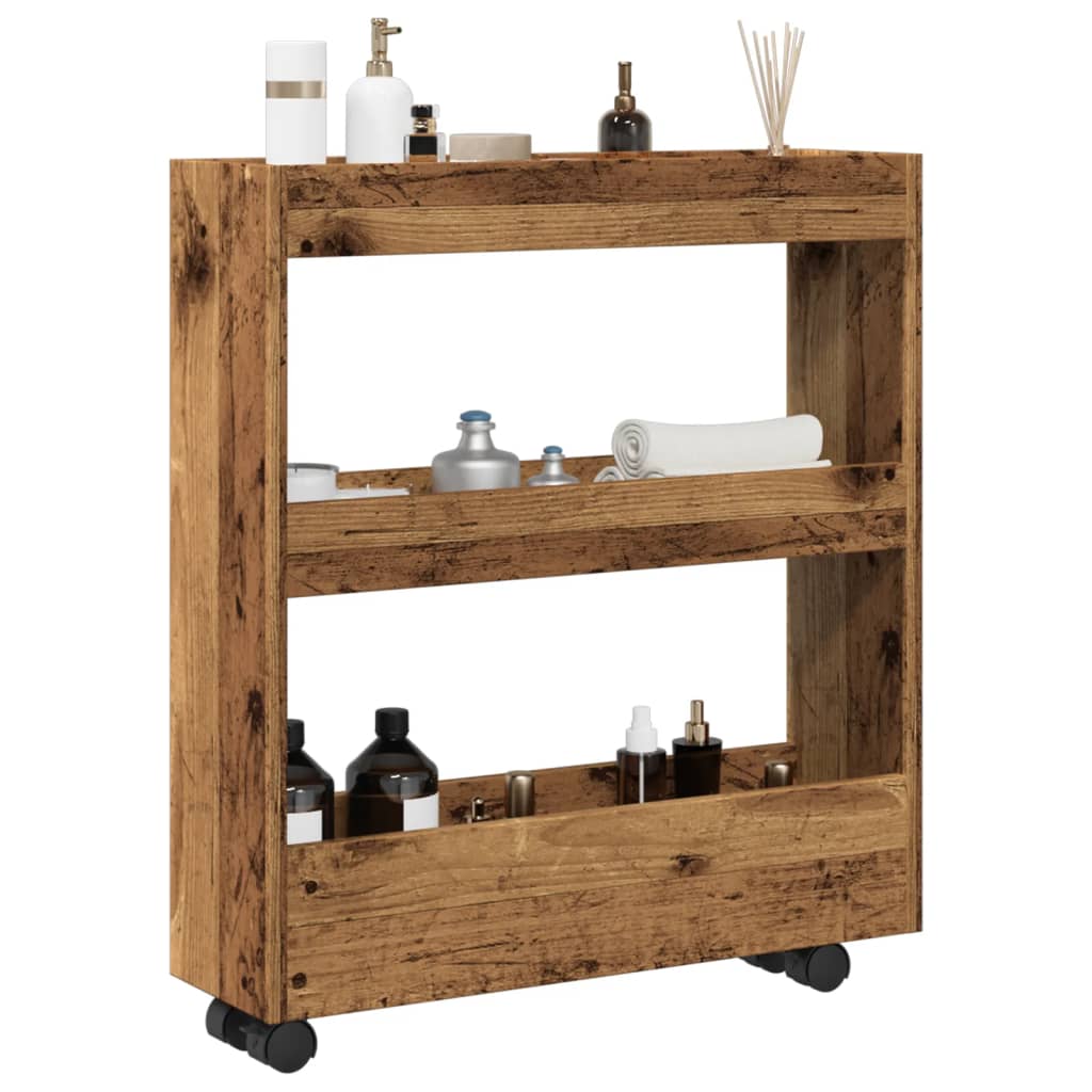 Chariot de rangement étroit 3 niveaux vieux bois - Xios Store SNC