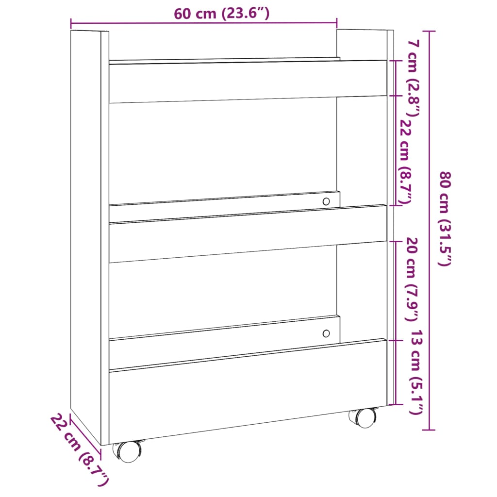 Chariot de rangement étroit 3 niveaux blanc bois d'ingénierie - Xios Store SNC