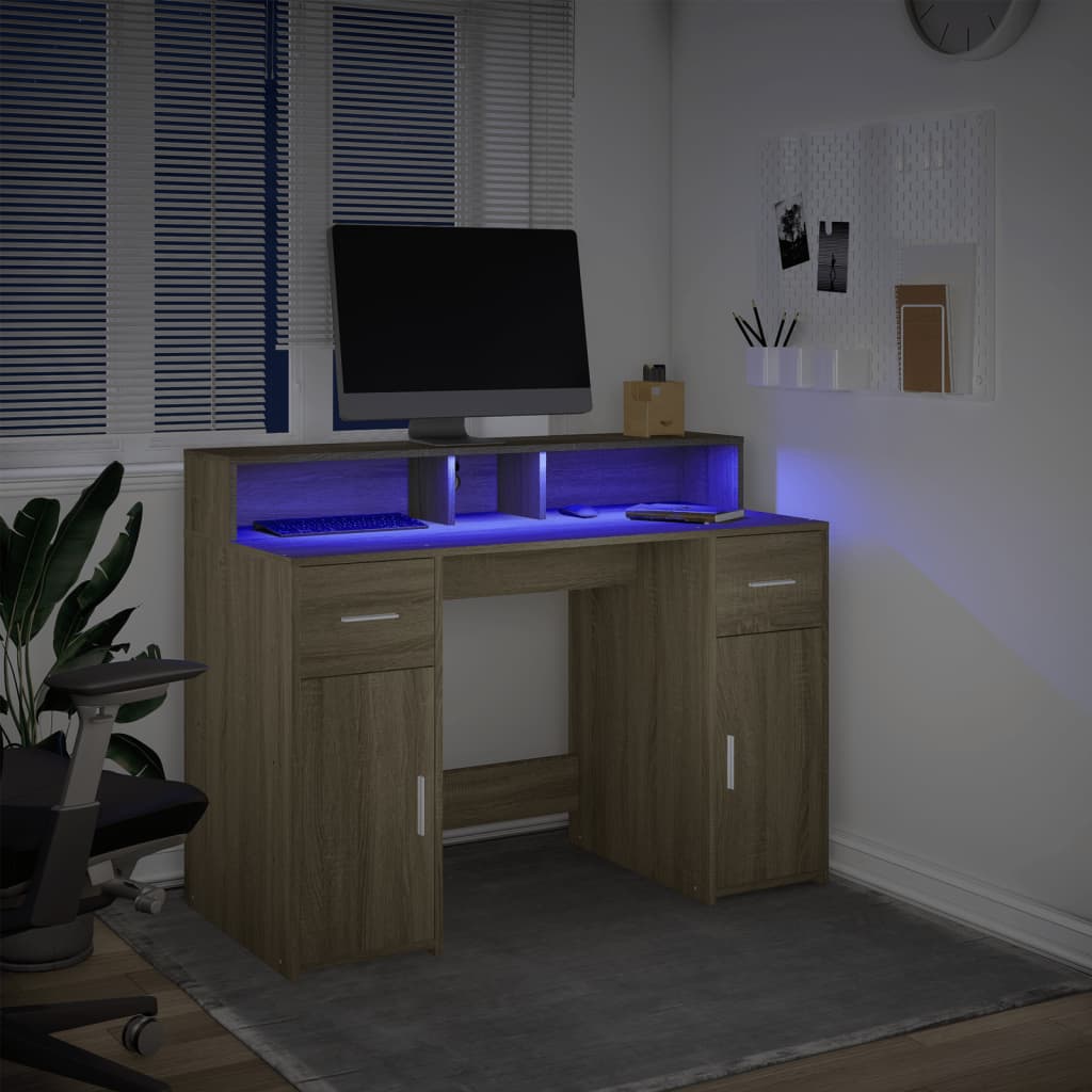 Bureau avec lumières LED chêne sonoma bois d'ingénierie Bureaux vidaXL   