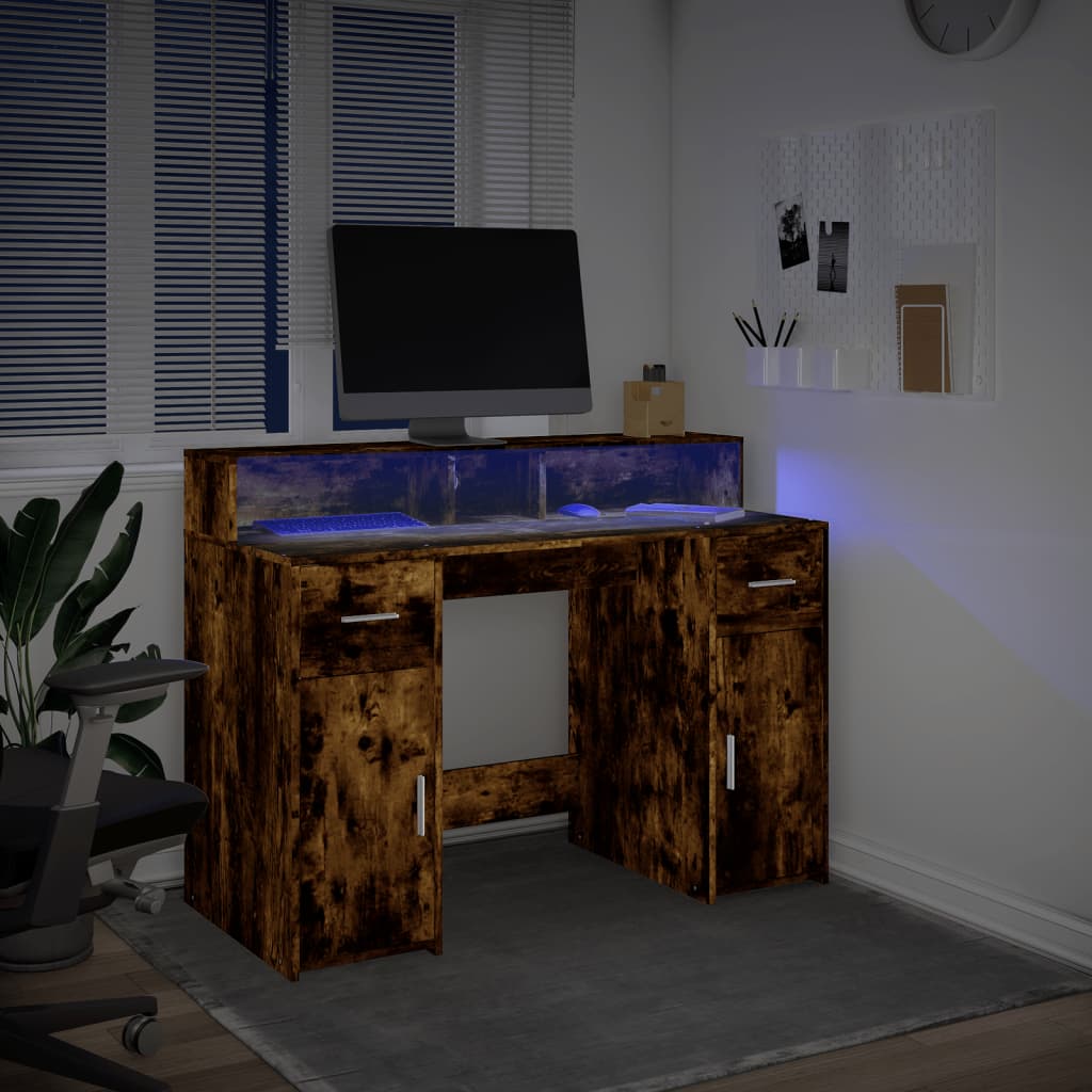 Bureau et lumières LED chêne fumé 120x55x91cm bois d'ingénierie Bureaux vidaXL   