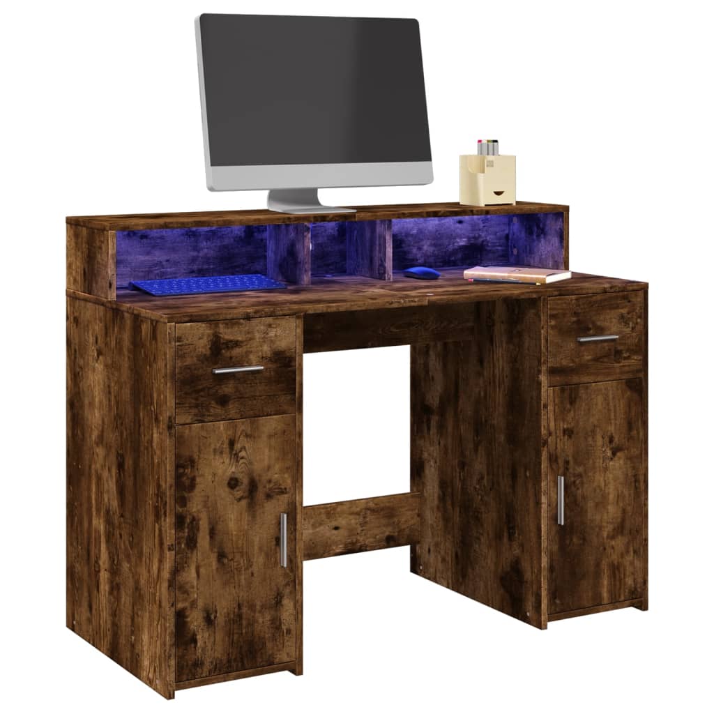 Bureau et lumières LED chêne fumé 120x55x91cm bois d'ingénierie Bureaux vidaXL   