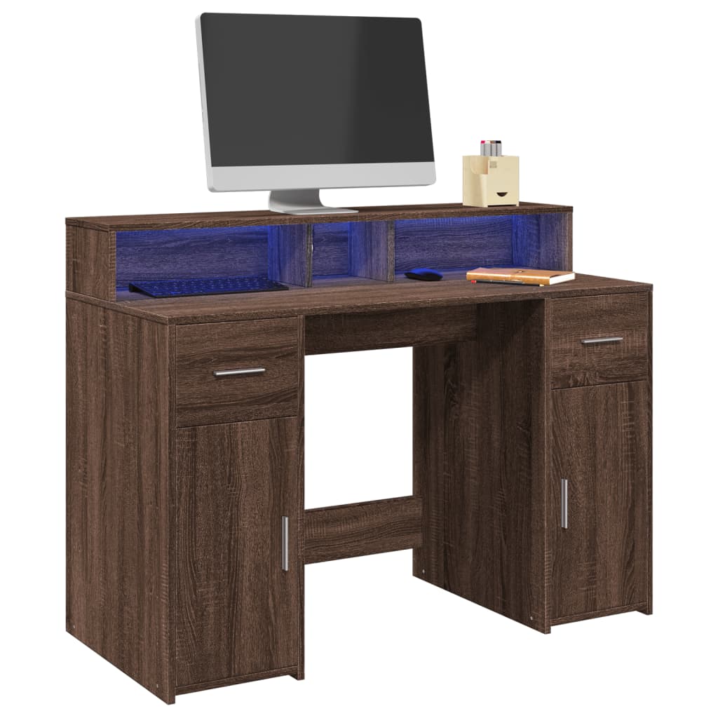 Bureau et lumières LED chêne marron bois d'ingénierie Bureaux vidaXL   