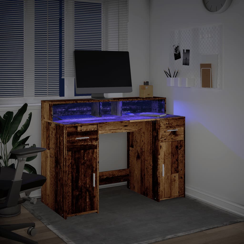 Bureau avec lumières LED vieux bois bois d'ingénierie Bureaux vidaXL   