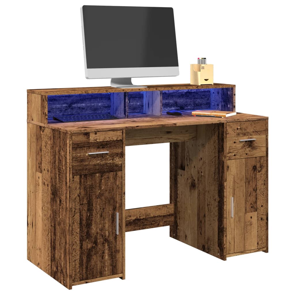 Bureau avec lumières LED vieux bois bois d'ingénierie Bureaux vidaXL   