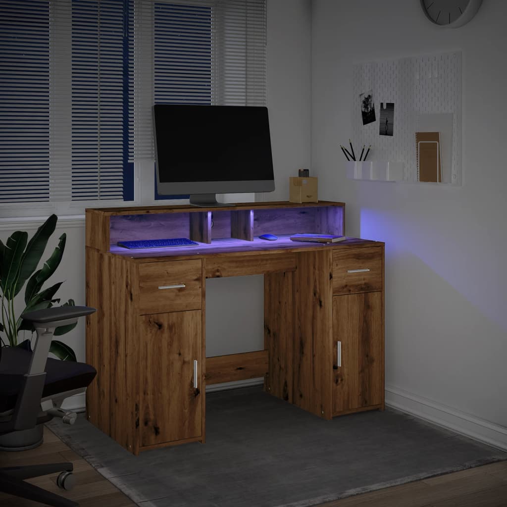 Bureau avec lumières LED chêne artisanal bois d'ingénierie Bureaux vidaXL   