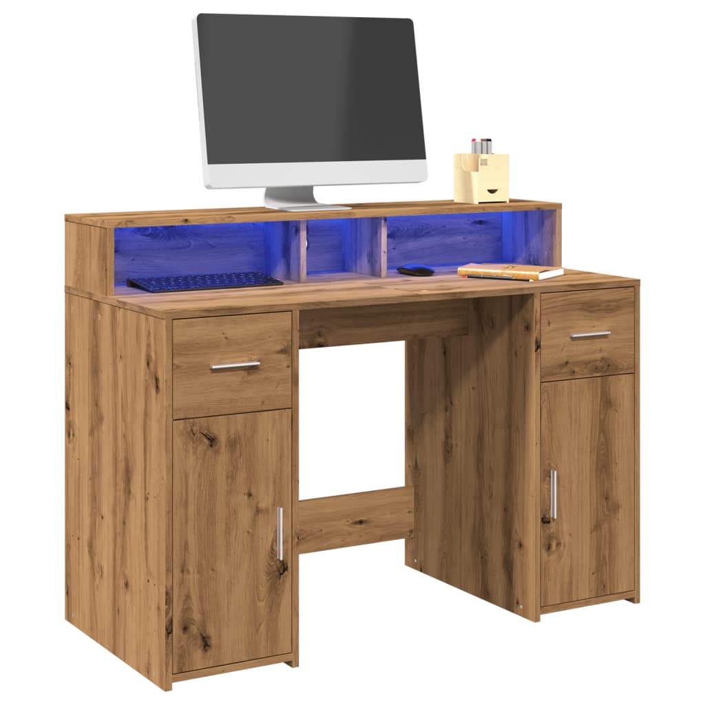 Bureau avec lumières LED chêne artisanal bois d'ingénierie Bureaux vidaXL   