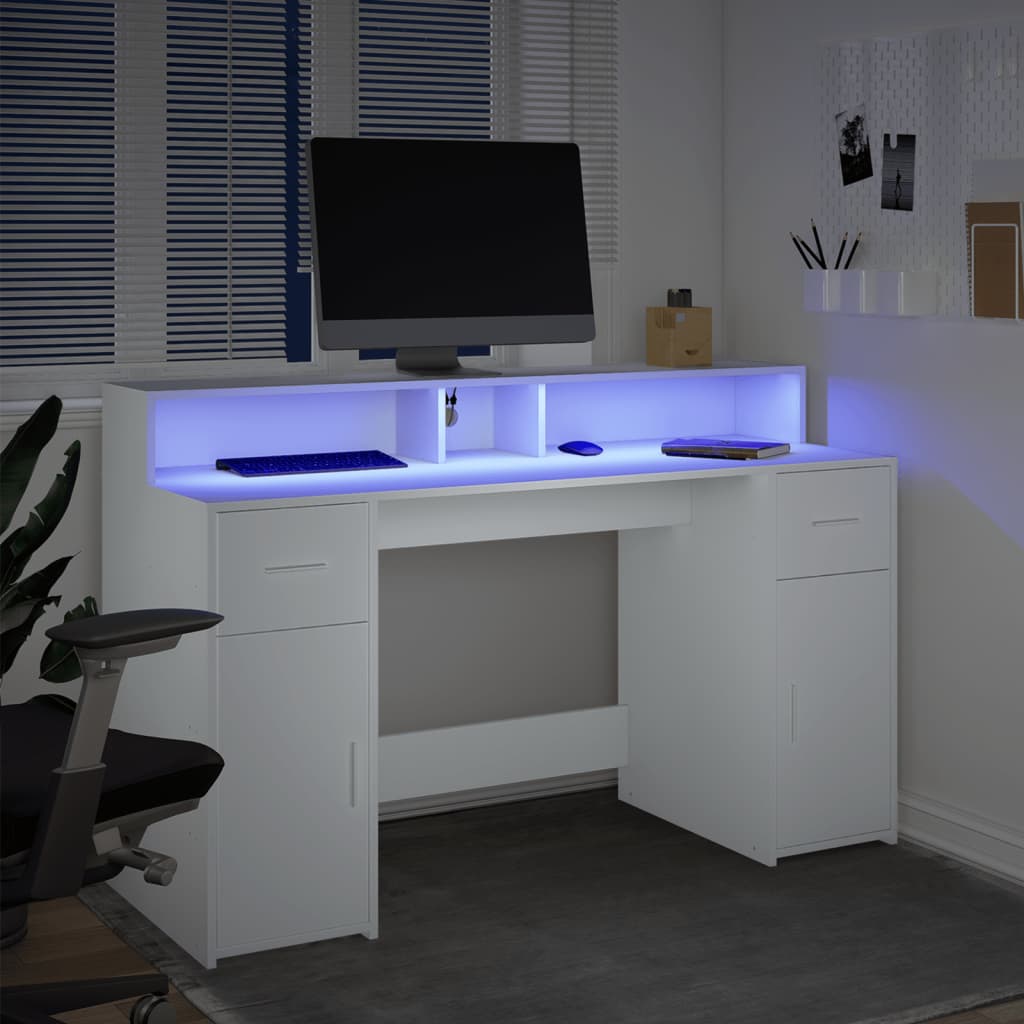 Bureau avec lumières LED blanc 140x55x91 cm bois d'ingénierie Bureaux vidaXL   