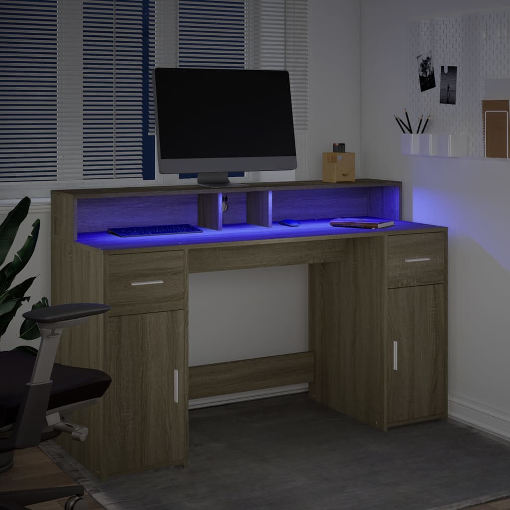 Bureau avec lumières LED chêne sonoma bois d'ingénierie Bureaux vidaXL   