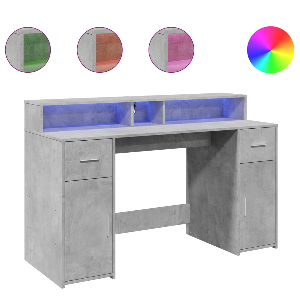 Bureau et lumières LED gris béton 140x55x91cm bois d'ingénierie Bureaux vidaXL   