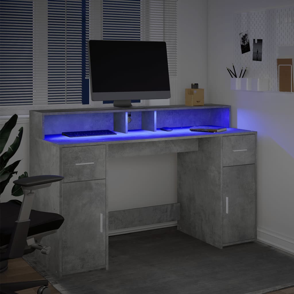 Bureau et lumières LED gris béton 140x55x91cm bois d'ingénierie Bureaux vidaXL   