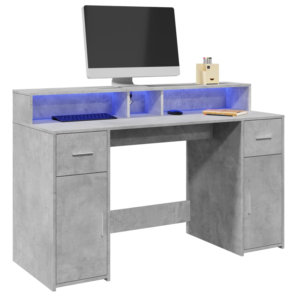 Bureau et lumières LED gris béton 140x55x91cm bois d'ingénierie Bureaux vidaXL   