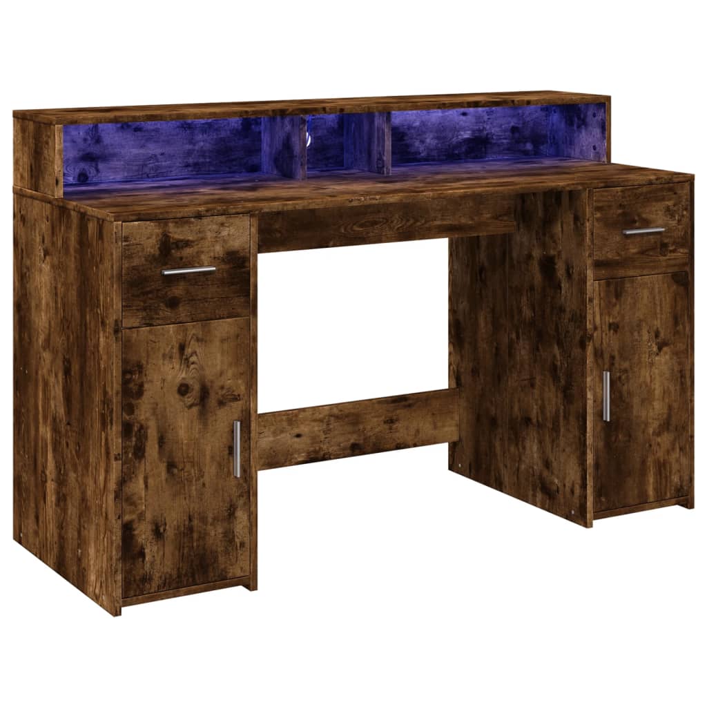 Bureau et lumières LED chêne fumé 140x55x91cm bois d'ingénierie Bureaux vidaXL   