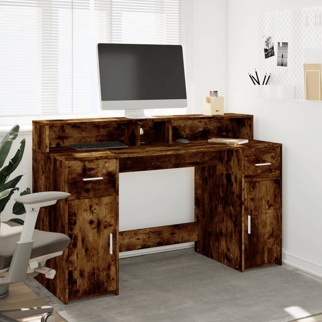 Bureau et lumières LED chêne fumé 140x55x91cm bois d'ingénierie Bureaux vidaXL   