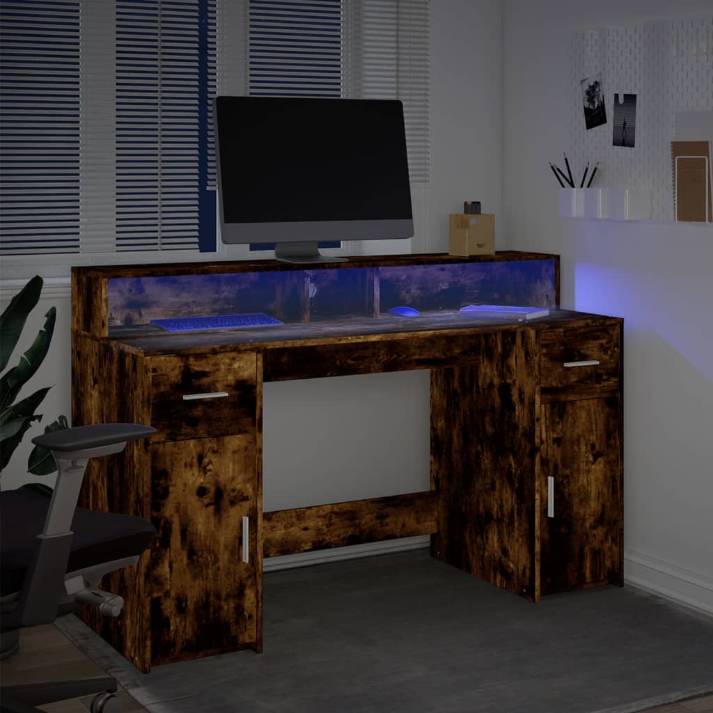 Bureau et lumières LED chêne fumé 140x55x91cm bois d'ingénierie Bureaux vidaXL   