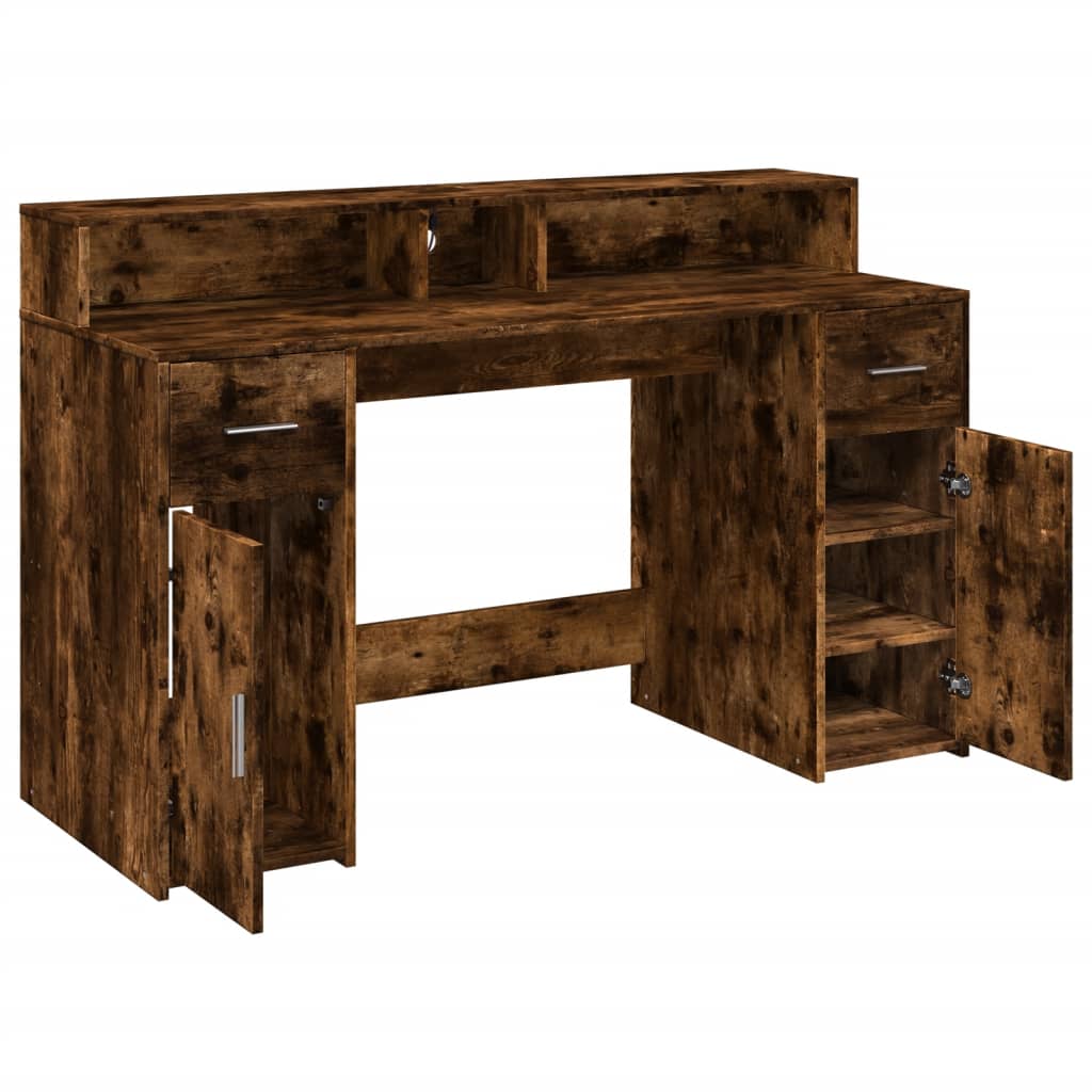 Bureau et lumières LED chêne fumé 140x55x91cm bois d'ingénierie Bureaux vidaXL   