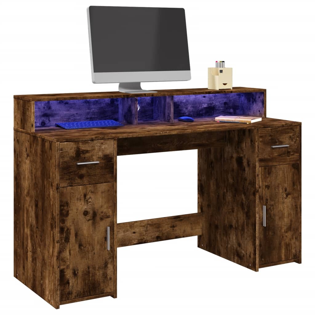 Bureau et lumières LED chêne fumé 140x55x91cm bois d'ingénierie Bureaux vidaXL   