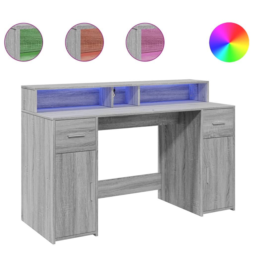 Bureau et lumières LED sonoma gris 140x55x91 cm bois ingénierie Bureaux vidaXL   