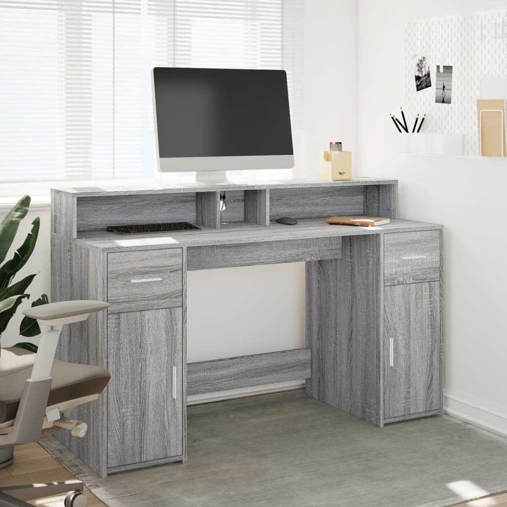 Bureau et lumières LED sonoma gris 140x55x91 cm bois ingénierie Bureaux vidaXL   