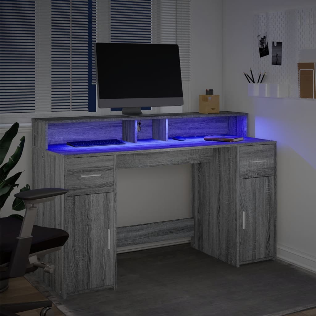 Bureau et lumières LED sonoma gris 140x55x91 cm bois ingénierie Bureaux vidaXL   