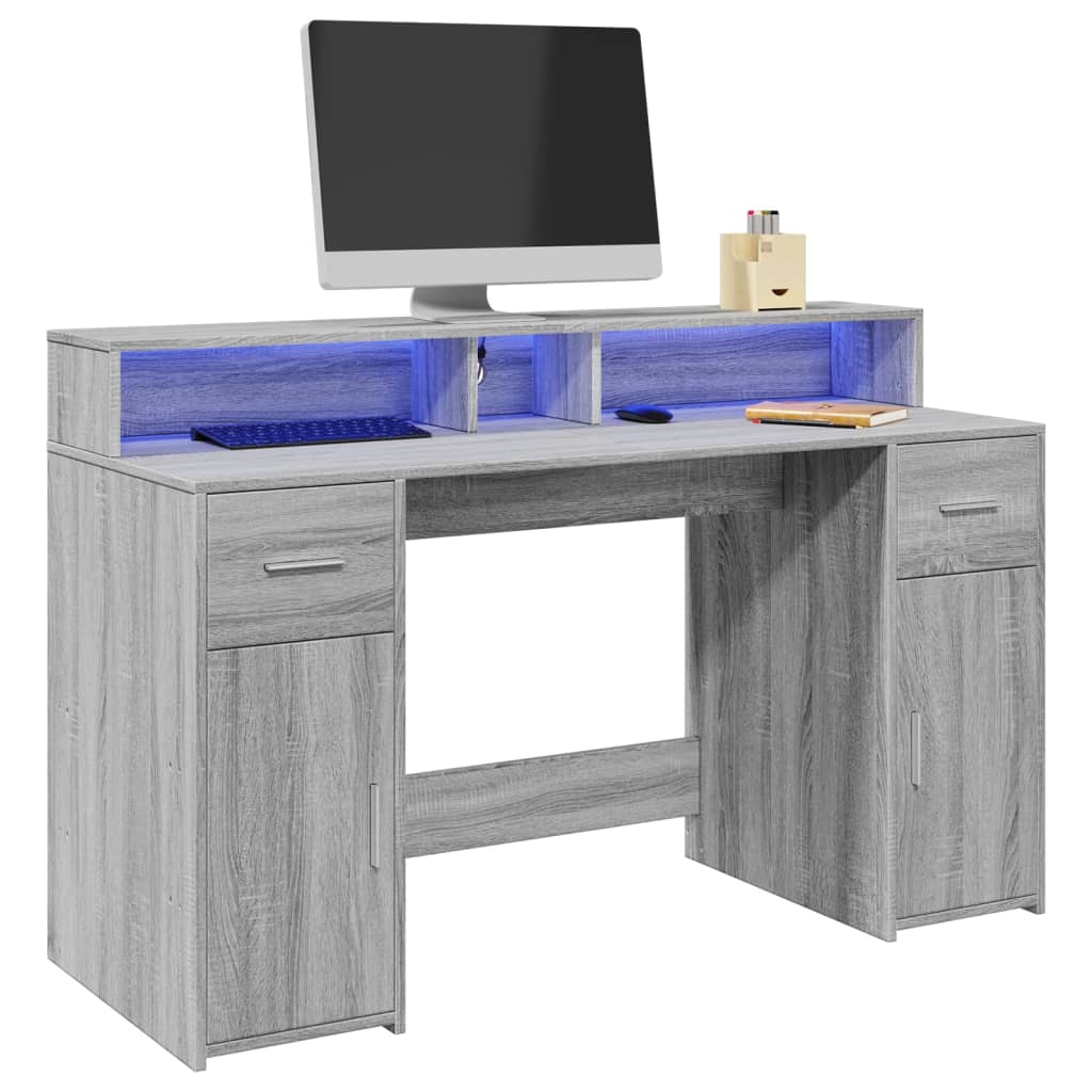 Bureau et lumières LED sonoma gris 140x55x91 cm bois ingénierie Bureaux vidaXL   