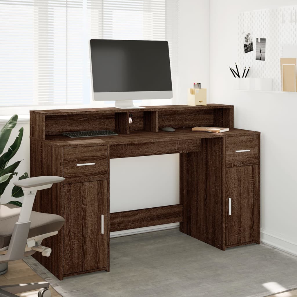 Bureau et lumières LED chêne marron bois d'ingénierie Bureaux vidaXL   