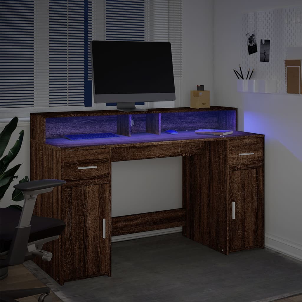 Bureau et lumières LED chêne marron bois d'ingénierie Bureaux vidaXL   