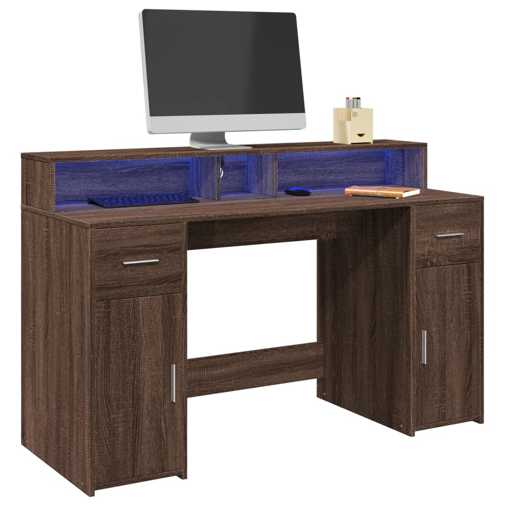 Bureau et lumières LED chêne marron bois d'ingénierie Bureaux vidaXL   