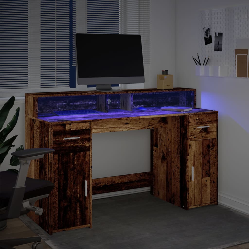 Bureau avec lumières LED vieux bois bois d'ingénierie Bureaux vidaXL   