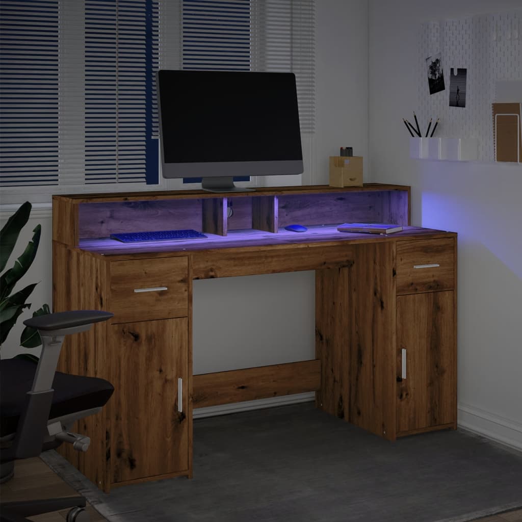 Bureau avec lumières LED chêne artisanal bois d'ingénierie Bureaux vidaXL   