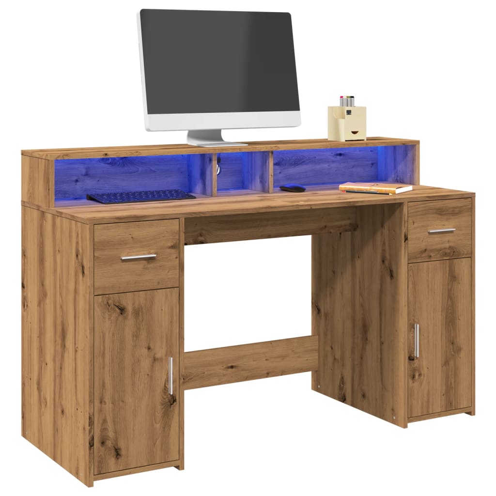 Bureau avec lumières LED chêne artisanal bois d'ingénierie Bureaux vidaXL   