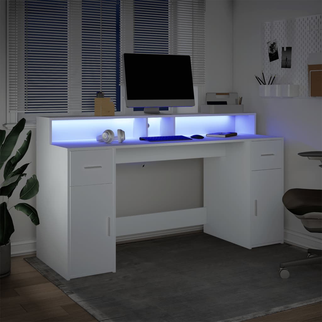 Bureau avec lumières LED blanc 160x55x91 cm bois d'ingénierie Bureaux vidaXL   