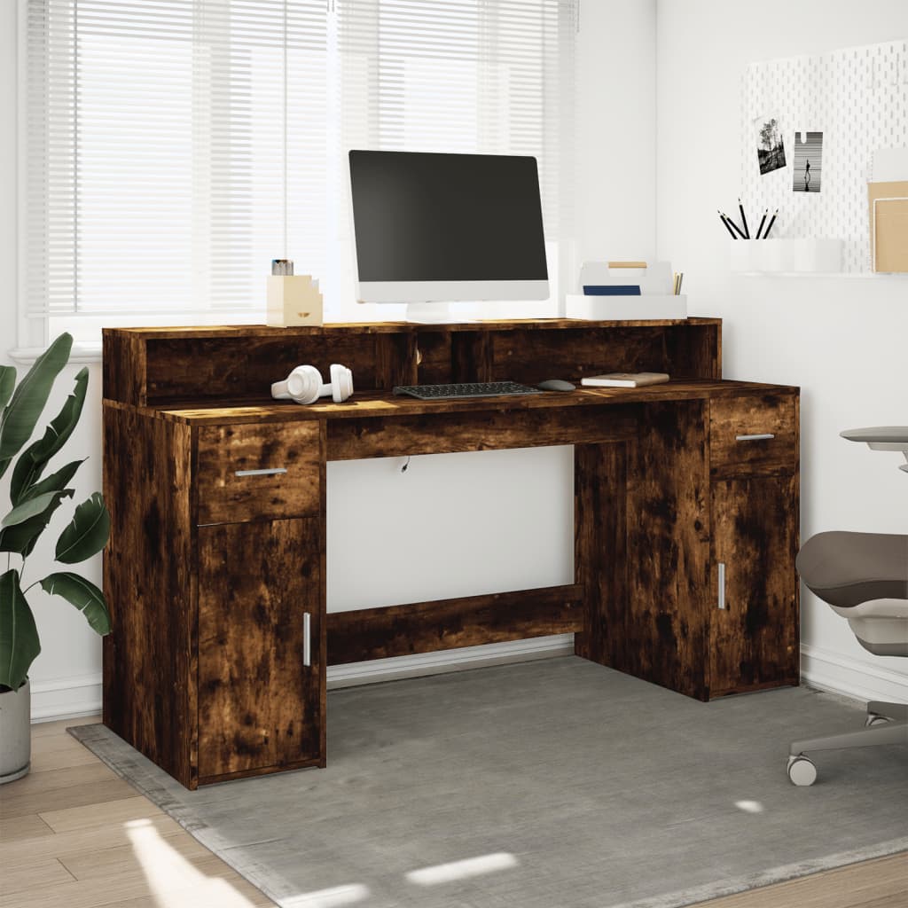 Bureau et lumières LED chêne fumé 160x55x91cm bois d'ingénierie Bureaux vidaXL   