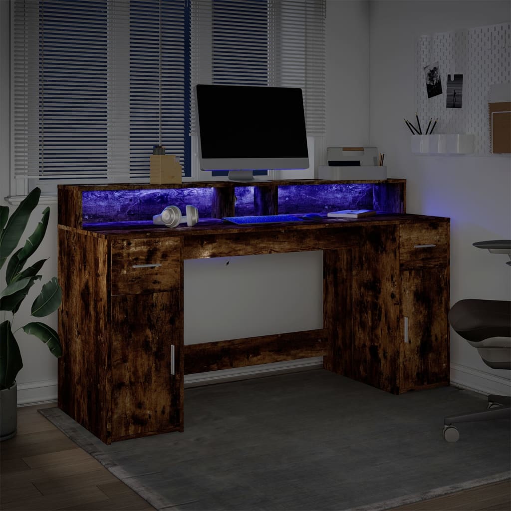 Bureau et lumières LED chêne fumé 160x55x91cm bois d'ingénierie Bureaux vidaXL   