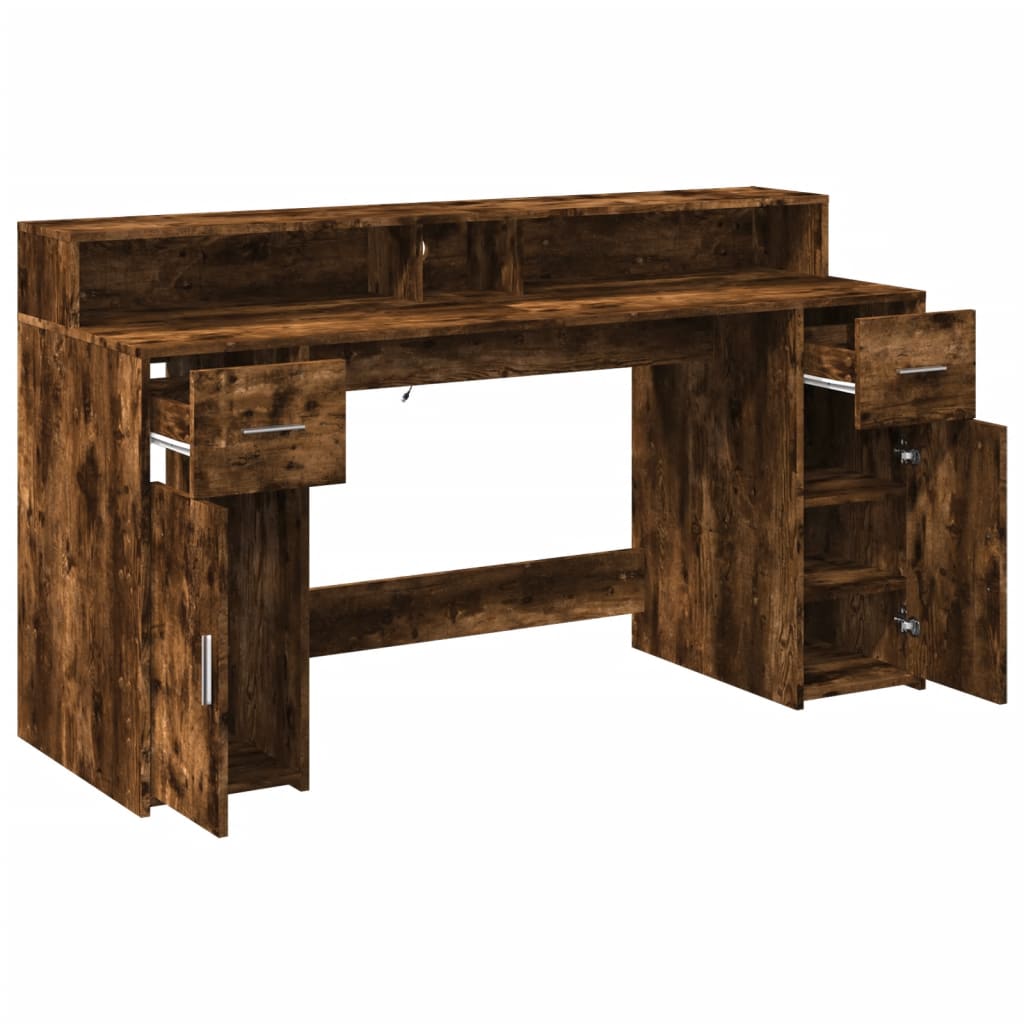 Bureau et lumières LED chêne fumé 160x55x91cm bois d'ingénierie Bureaux vidaXL   