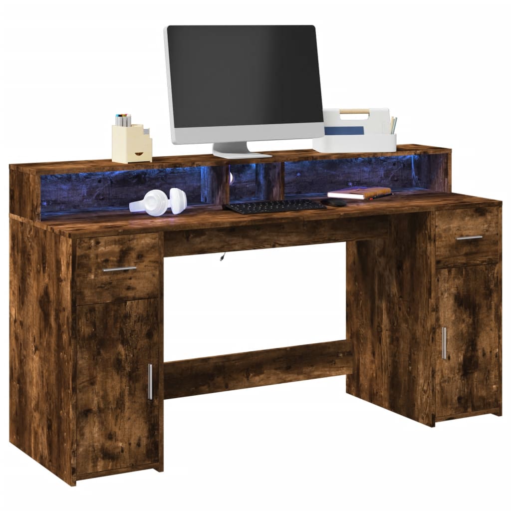 Bureau et lumières LED chêne fumé 160x55x91cm bois d'ingénierie Bureaux vidaXL   