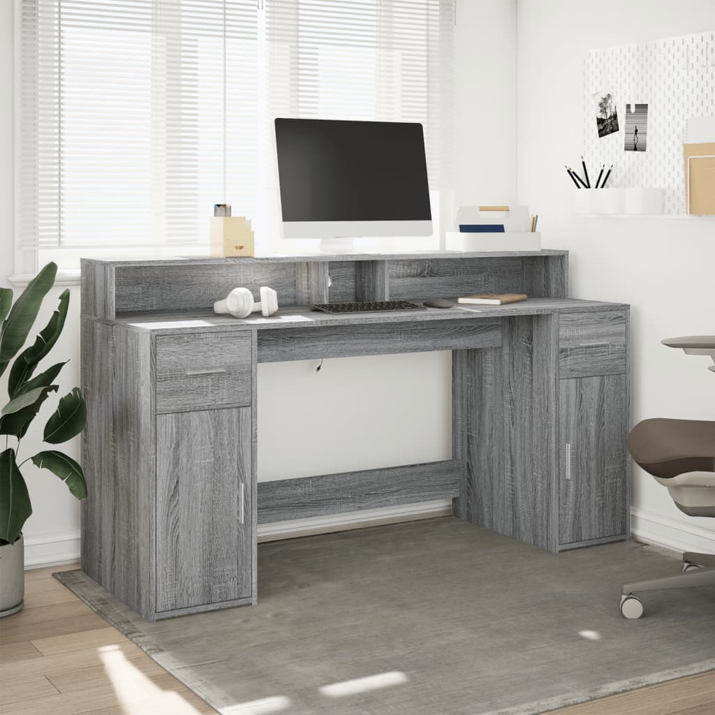 Bureau et lumières LED sonoma gris 160x55x91 cm bois ingénierie Bureaux vidaXL   