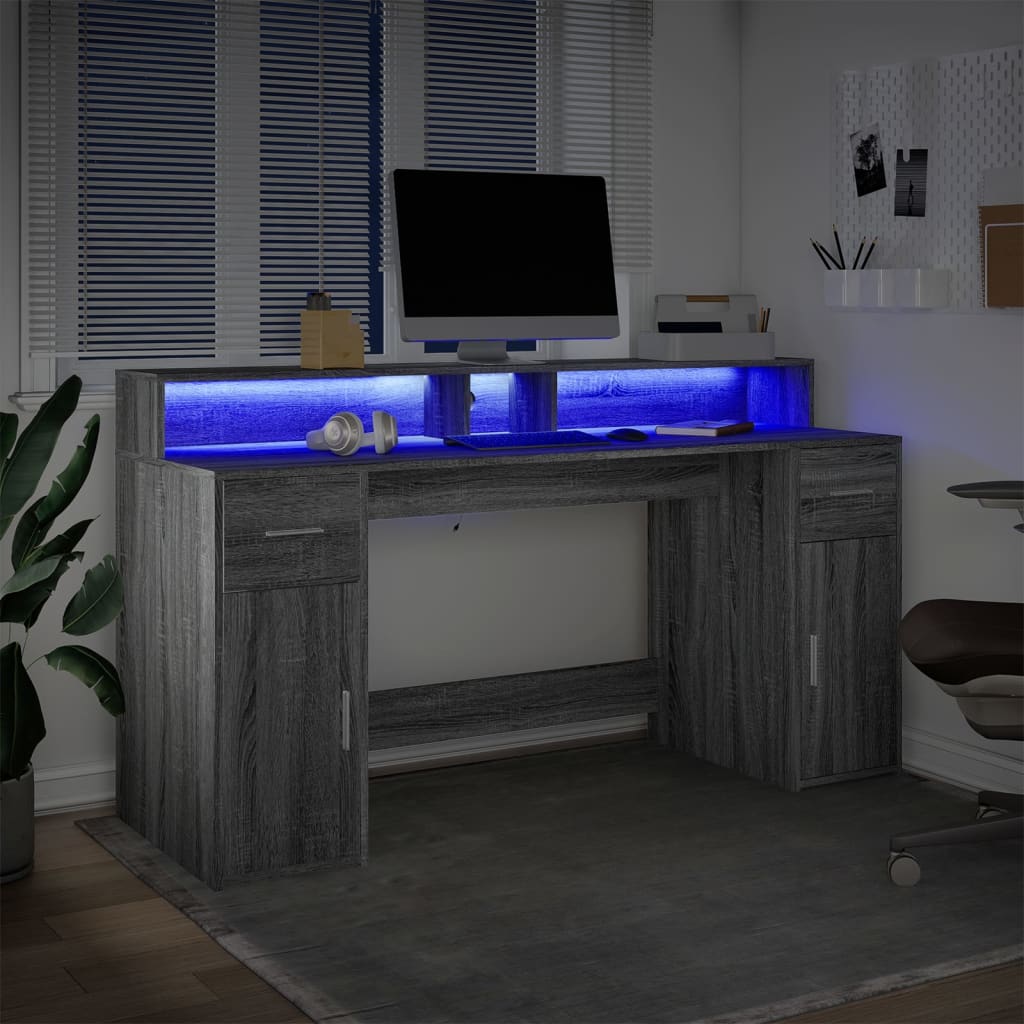 Bureau et lumières LED sonoma gris 160x55x91 cm bois ingénierie Bureaux vidaXL   