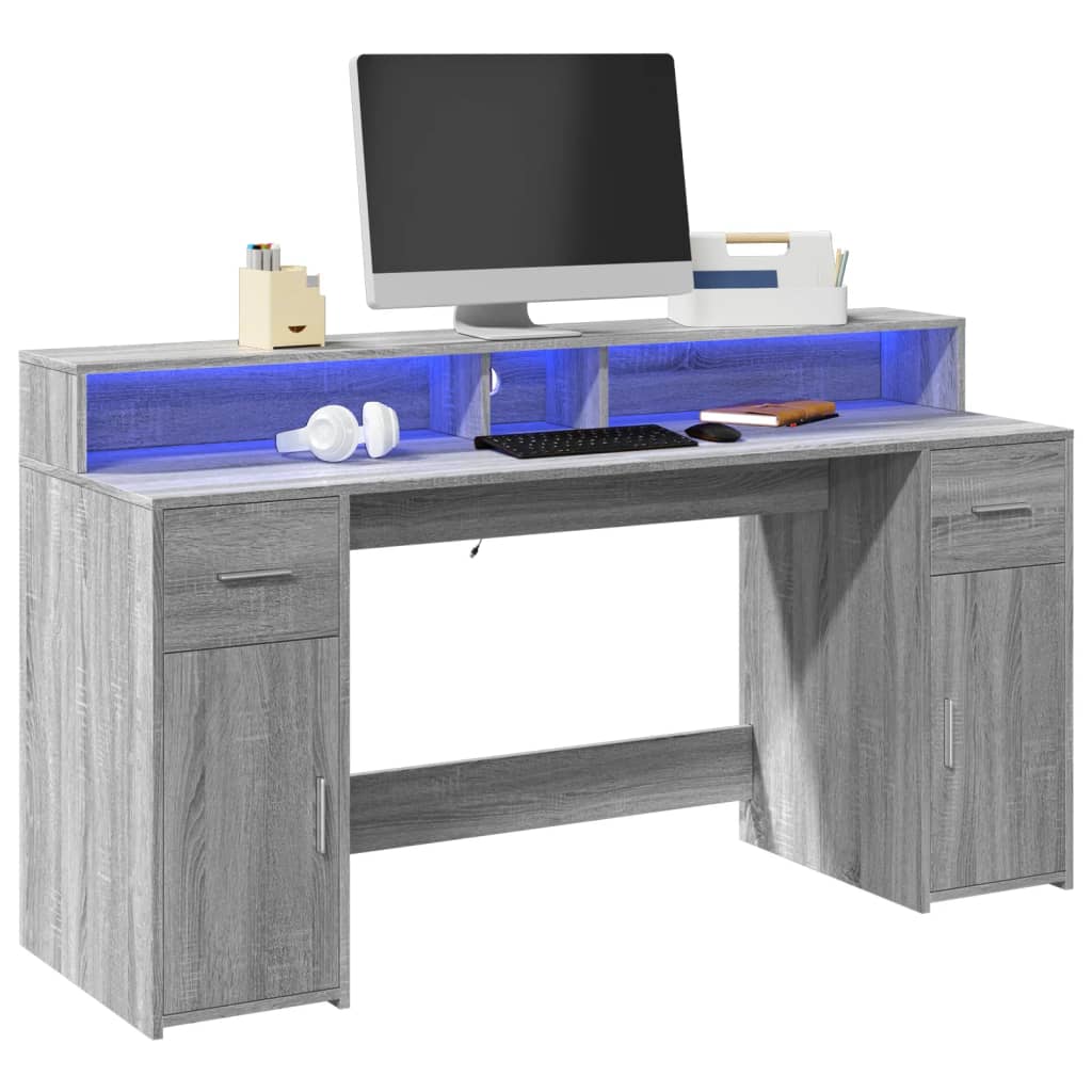 Bureau et lumières LED sonoma gris 160x55x91 cm bois ingénierie Bureaux vidaXL   