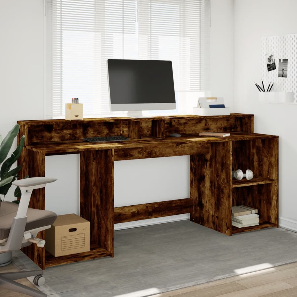 Bureau et lumières LED chêne fumé 200x55x91cm bois d'ingénierie Bureaux vidaXL   