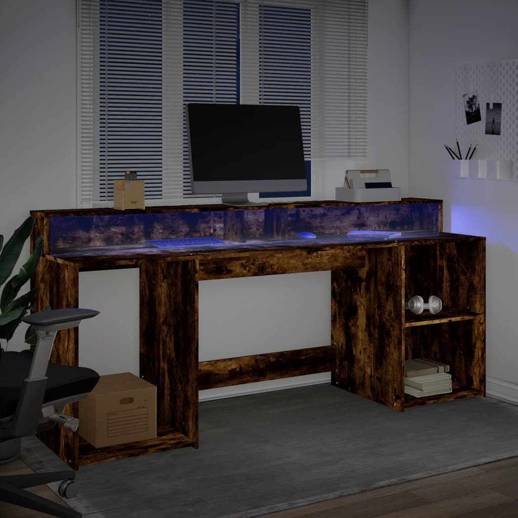 Bureau et lumières LED chêne fumé 200x55x91cm bois d'ingénierie Bureaux vidaXL   