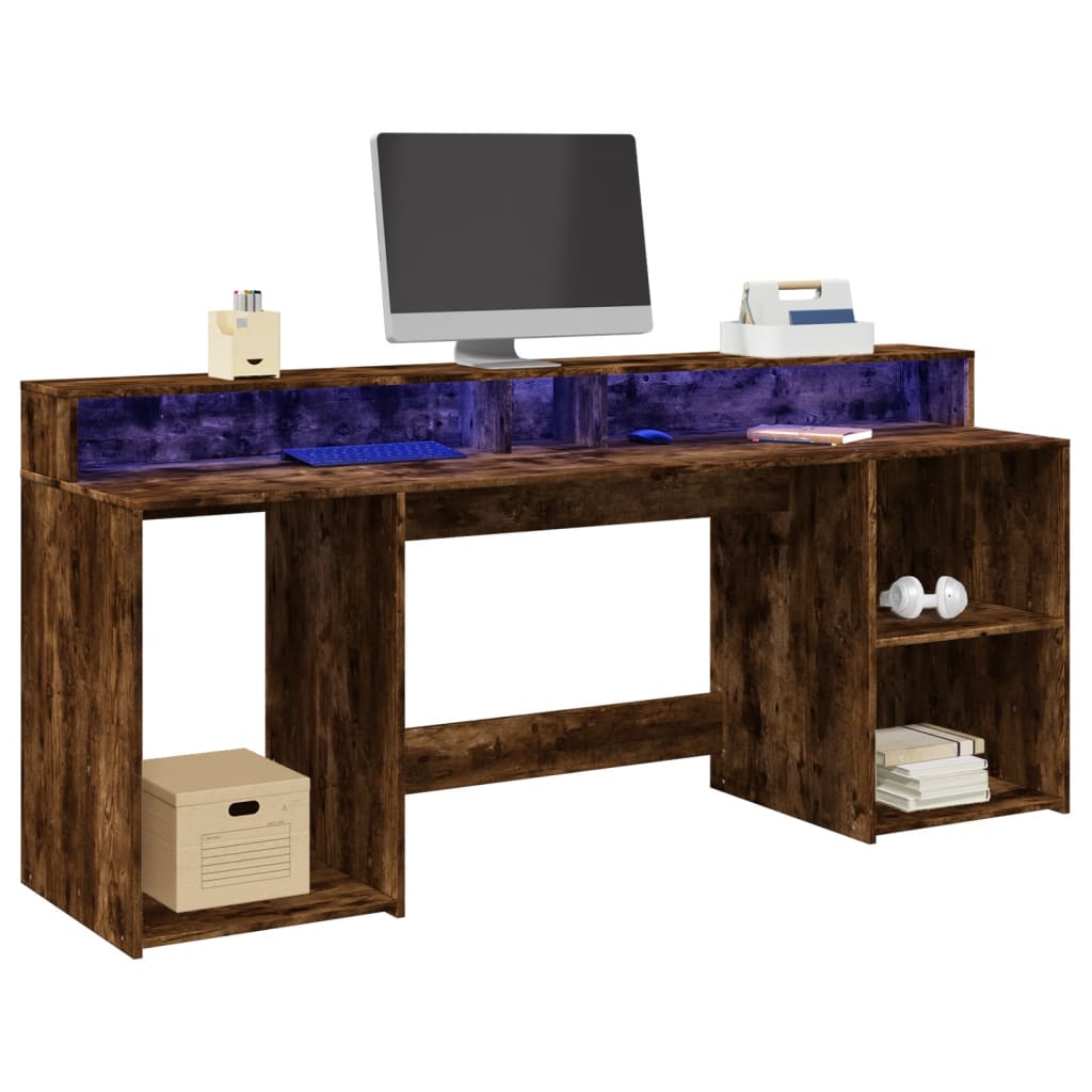 Bureau et lumières LED chêne fumé 200x55x91cm bois d'ingénierie Bureaux vidaXL   