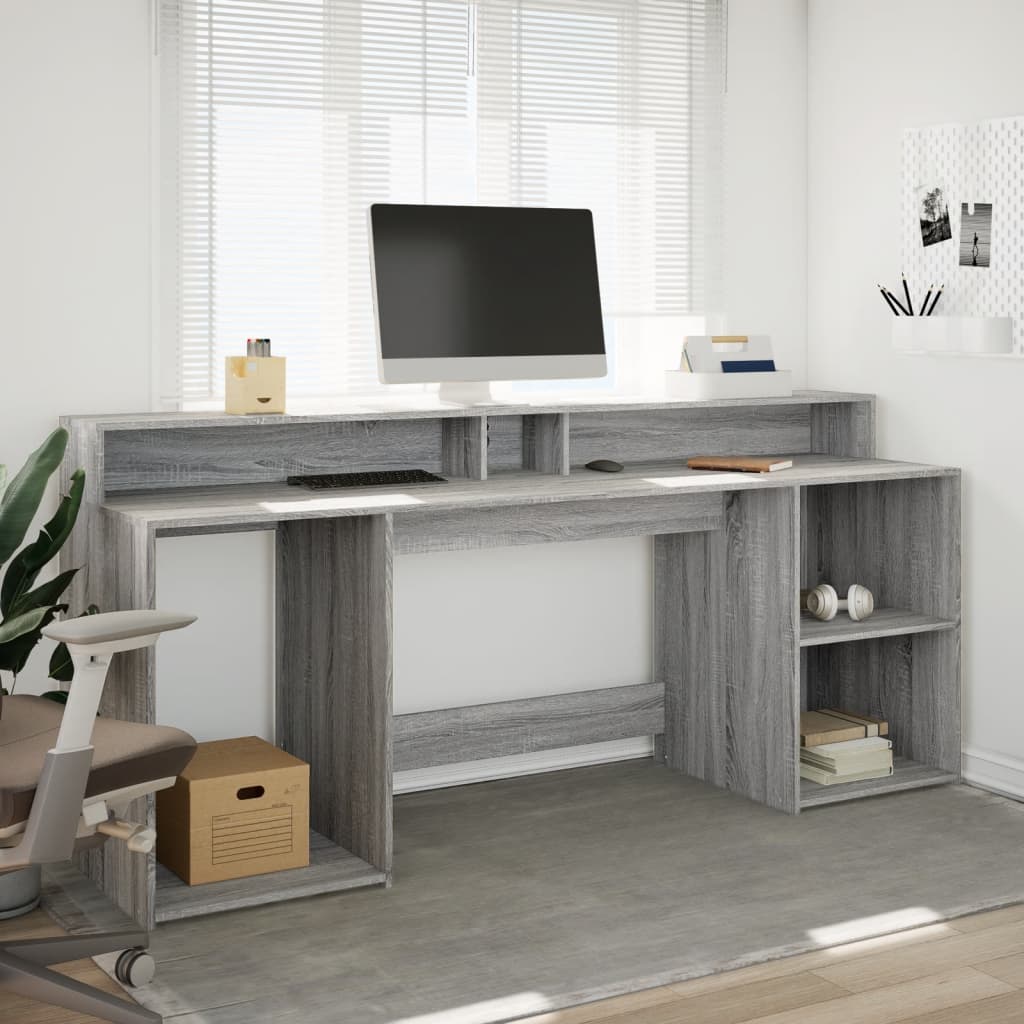 Bureau et lumières LED sonoma gris 200x55x91 cm bois ingénierie Bureaux vidaXL   