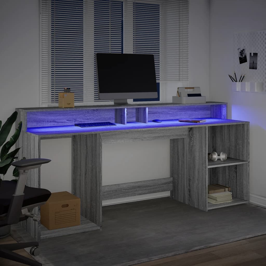 Bureau et lumières LED sonoma gris 200x55x91 cm bois ingénierie Bureaux vidaXL   