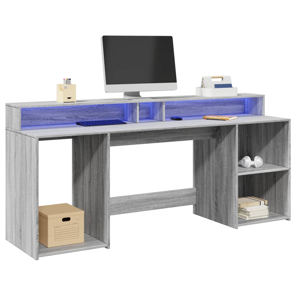 Bureau et lumières LED sonoma gris 200x55x91 cm bois ingénierie Bureaux vidaXL   